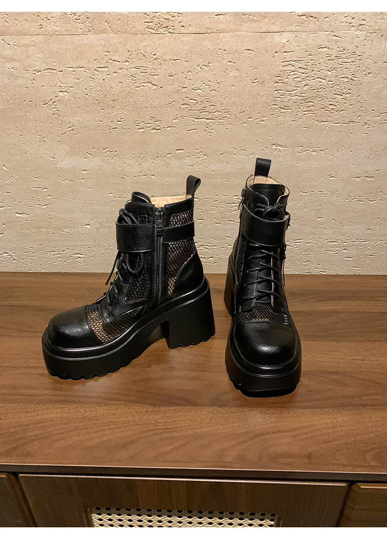Boot nữ cao gót lưới xuyên thấu phong cách biker, gót thô 9 cm, thoáng khí — màu đen, màu trắng chi tiết 20