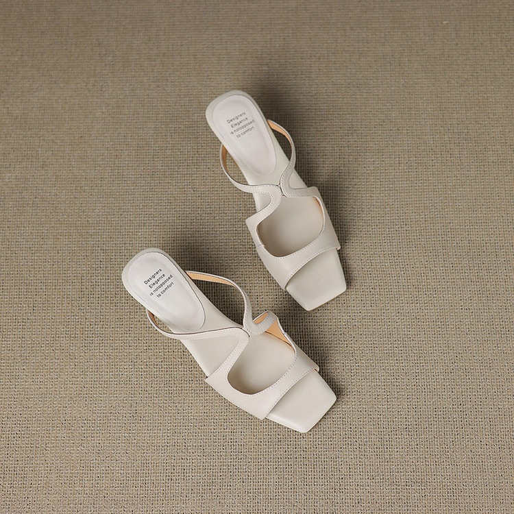 Sandal nữ da bò mũi vuông hở ngón gót lạ mắt — màu đen, màu trắng ngà, bạc chi tiết 79