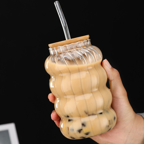Large capacity cold drink cup coffee cup transparent glass vertical pattern chubby cup caterpillar straw cup glass