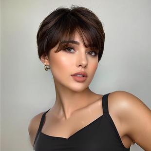 Wig for Women, Short Straight Hair with Side Bangs, Fashionable Full Wig, Factory Direct, in Stock, Early Release, Side Bangs Short Straight Hair