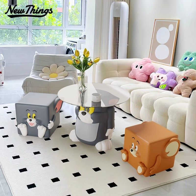 Tom and Jerry Cartoon Ornaments Creative Tom Glass Coffee Table Living Room Sofa Side Table Small Stool Door Shoe Changing Stool