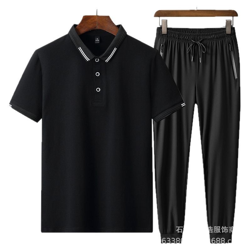 Traje deportivo para hombre, camisa POLO informal de manga corta de verano para hombres de mediana edad, pantalones de seda helada de talla grande, conjunto de dos piezas elástico de secado rápido