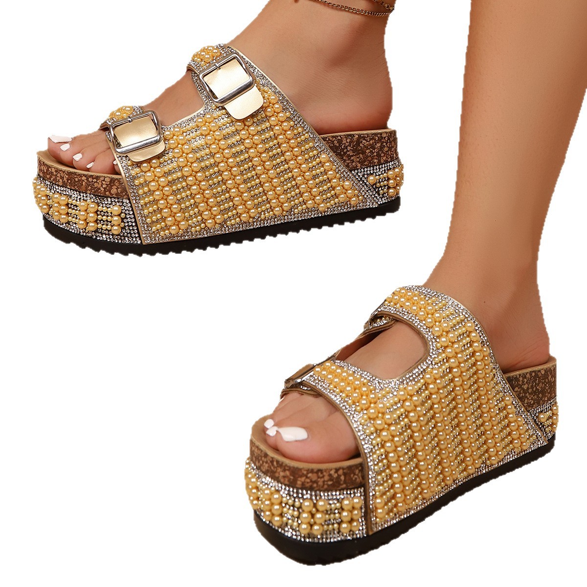 Damen-Plateausandalen aus Kork mit Perlen in Übergröße, Doppelschnalle, neuer Sommer-Style_voghion.com
