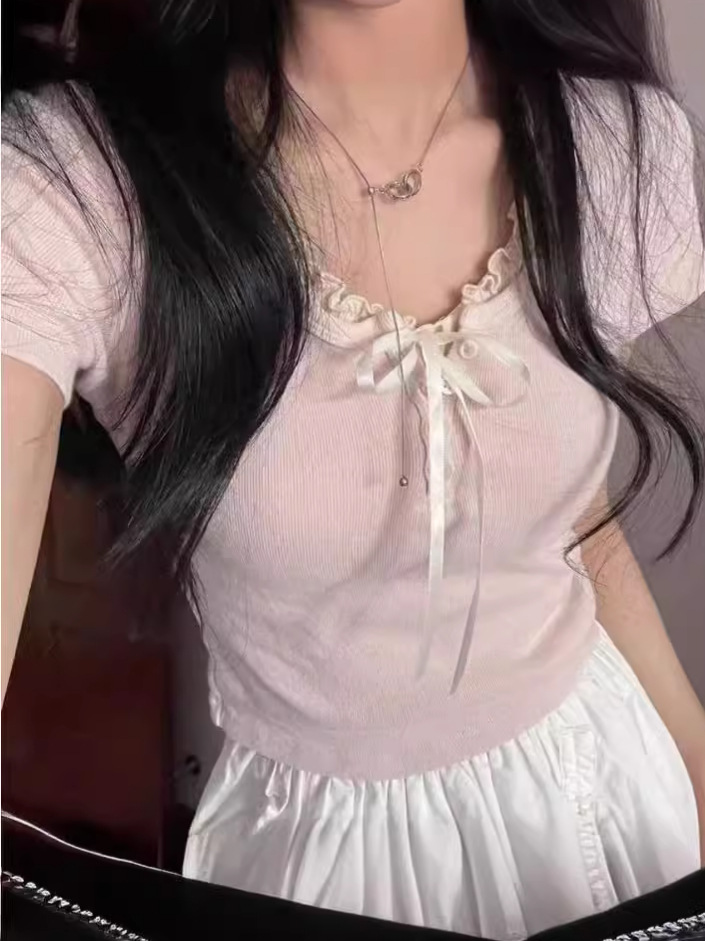 Ins Elegant Bow Lace Slim-fit Short-sleeved T-shirt Women's Summer Korean Style Fresh Short Top Women's Wholesale