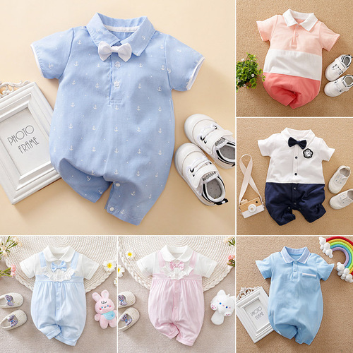 Short-sleeve newborn baby clothes summer 0-1 year old infant onesie ultra cute baby short crawl suit summer cotton hooded top