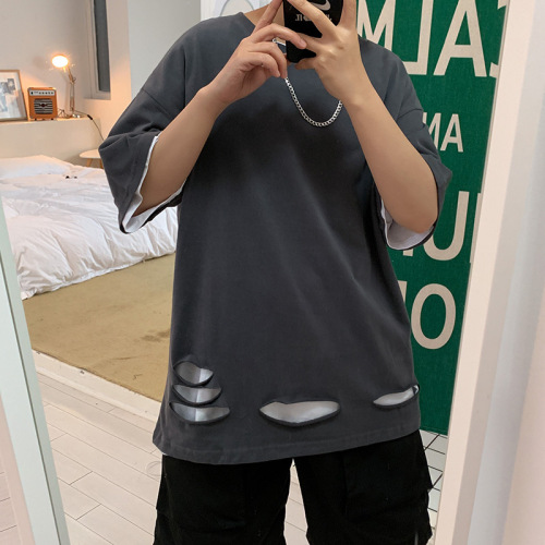 Summer brand five-point sleeve hole T-shirt for men, trendy short sleeve loose Ins casual couple round neck top base shirt