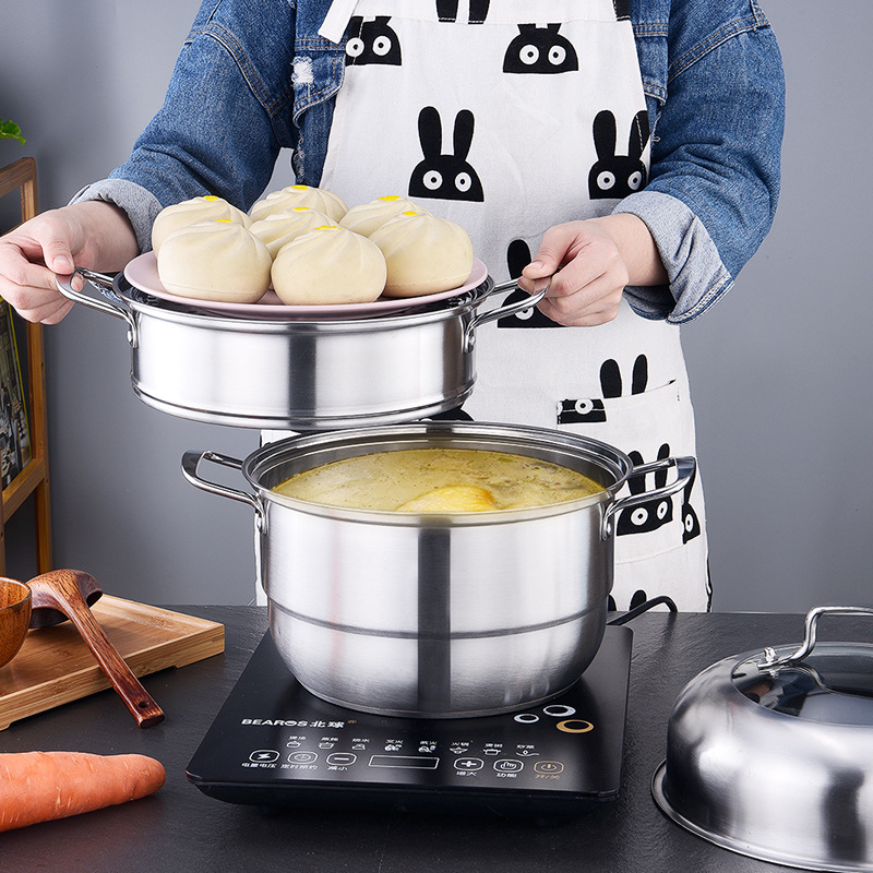 Stainless Steel Three-Layer Steamer Kitchen Daily Use Double Base Dual Rack Steamer Gift Set Home Kitchen Double Deck Steamer