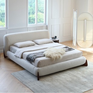 Lamb Velvet Fabric Bed Modern Simple Master Bedroom Double Bed Large White Bed Normcore Fabric Bed Milk Velvet Floor-Standing Wedding Bed