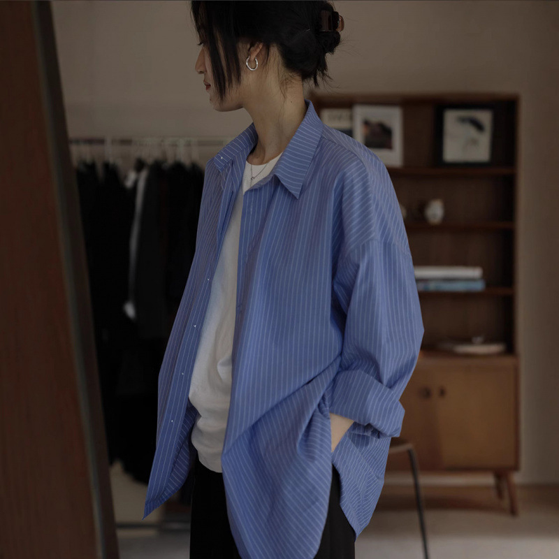 French Retro Blue Striped Shirt Coat Sunscreen Shirt Women's Spring and Summer Lazy Style Loose Long-sleeved Top