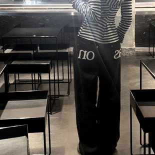 Korean Style As* Embroidered Back Pocket Mid-High Waist Straight-Leg Pants, Slimming and Height-Enhancing Casual Pants for Women