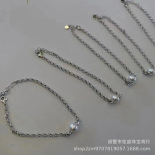 S925 Silver Chain Bracelet Necklace Set 8-9mm Natural Freshwater Pearl Round Light ins Style All-match High-grade