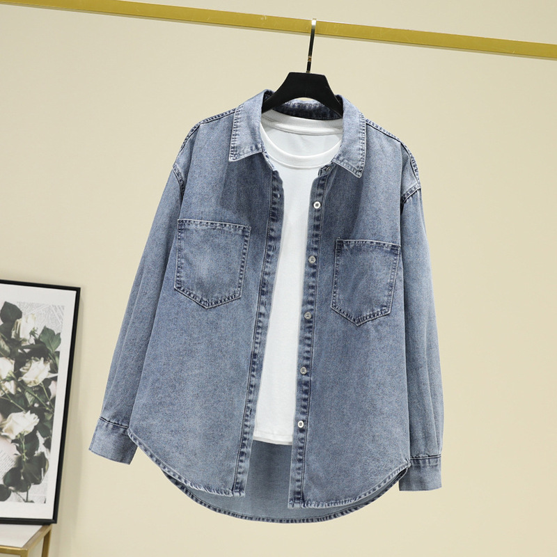 Washed Cotton Denim Shirt Women's Large Size Autum New Retro Casual Versatile Loose Shirt Layered Top Jacket
