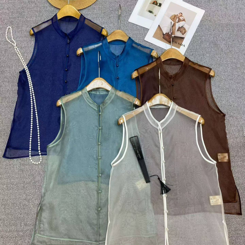 Mulberry silk organza layering magic stand-up collar shirt, small stand-up collar, mid-length side slit top for women, Nanyou Factory Mulberry silk organza layering magic stand-up collar shirt, small stand-up collar, mid-length side slit top for women, Nanyou Factory