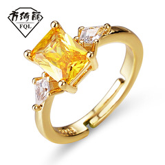 開口可調節 韓國小眾設計金色方鑽彩寶戒指女時尚個性氣質食指戒