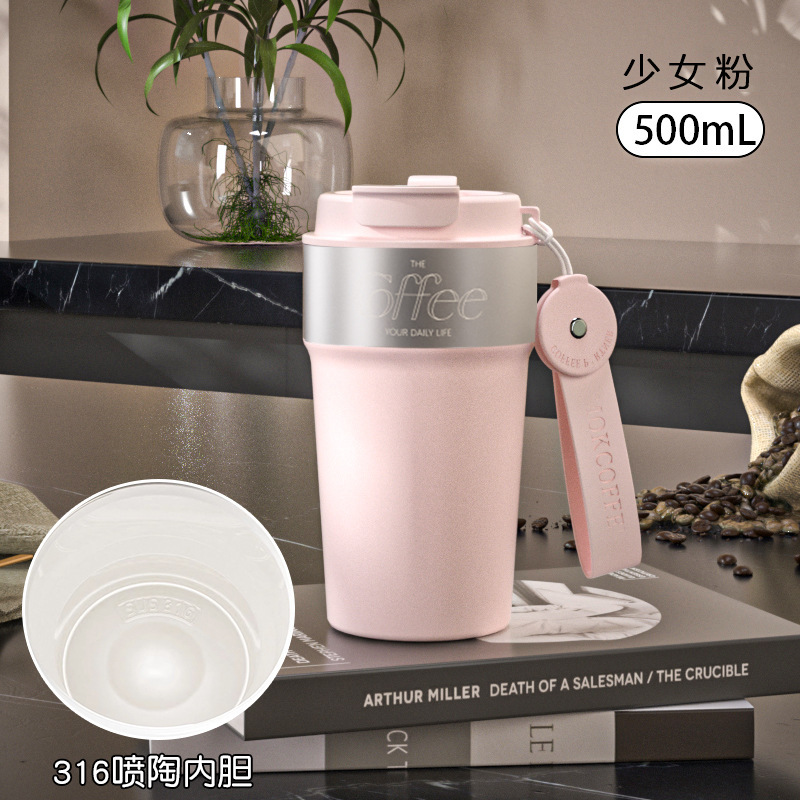 ポータブル二重飲み口コーヒーカップ、ビジネス用ロープ付き二重飲み口カップ、316ステンレス鋼内側スプレーコーティング断熱真空軽量カップ|undefined