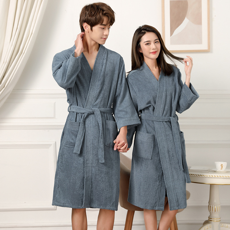 Towel-fabric bathrobe for men and women, couples&rsquo; absorbent bath gown, hotel sleepwear, sauna suit for beauty salons, cotton autumn garment&mdash;dropshipping available.