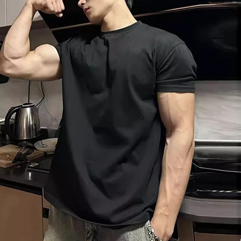 Men's Short-Sleeved Sports T-Shirt, American Casual Style, Pure Cotton, Solid Color, Everyday Comfort, Fashionable, Versatile, Basic Half-Sleeve