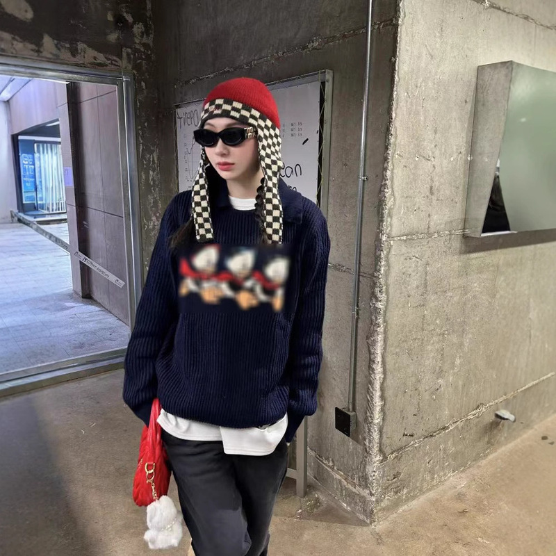 American Retro Lazy Donald Duck Knitted Jacquard Sweater Square Collar Pullover Loose Top {One Piece Hair} Knitted