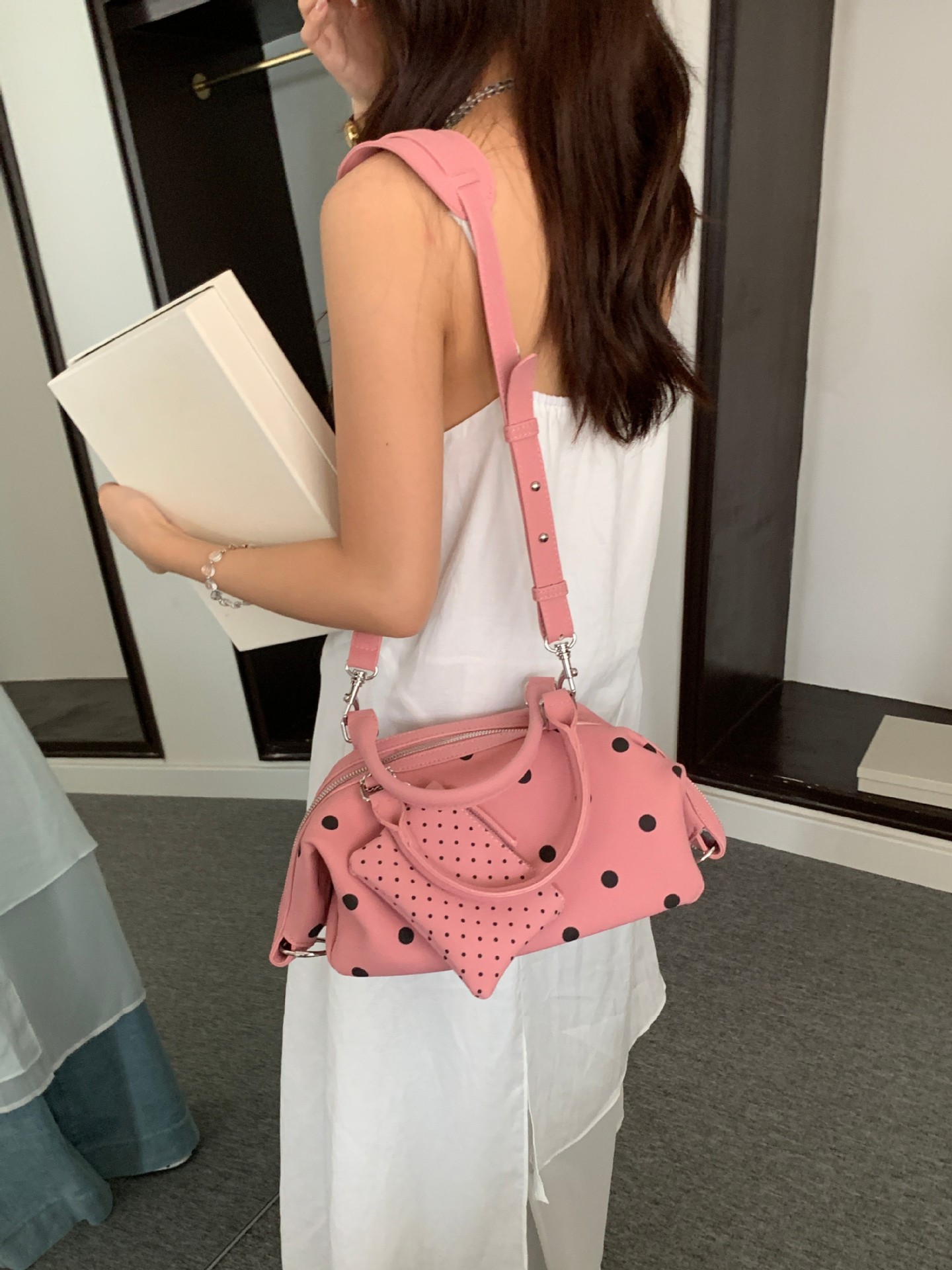 Polka Dot Boston Handle Crossbody Bag 16