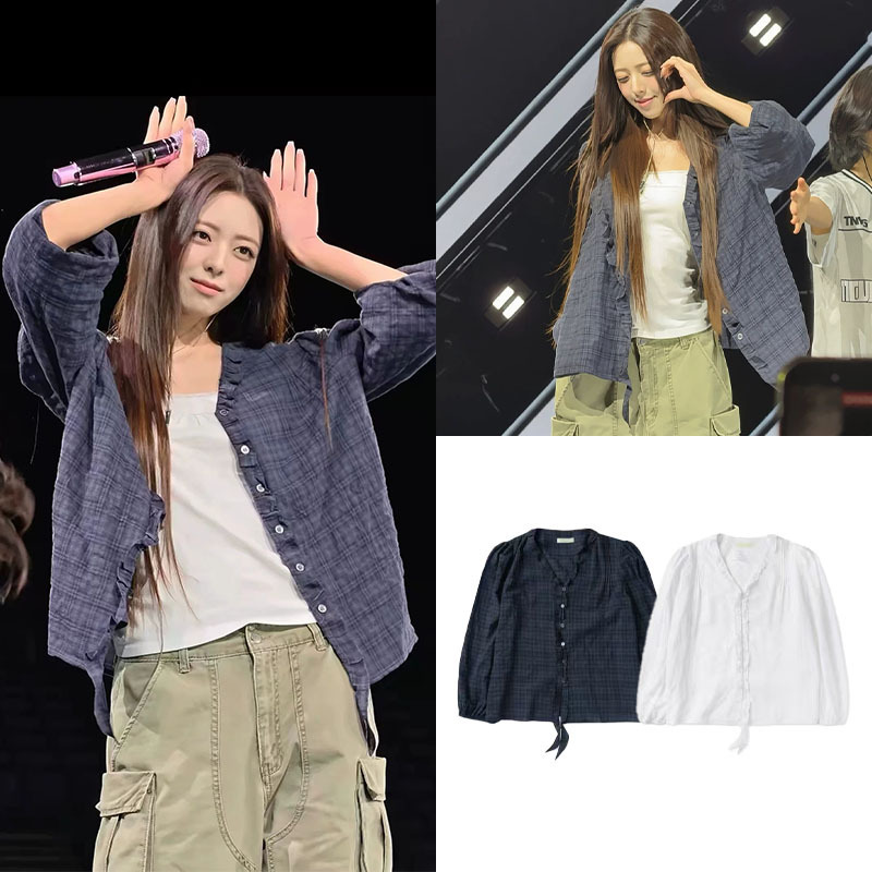 Fan Shun·XH Korean-style Shin Yu-na style plaid shirt, Dongdaemun autumn new V-neck ruffle top for women Fan Shun·XH Korean-style Shin Yu-na style plaid shirt, Dongdaemun autumn new V-neck ruffle top for women