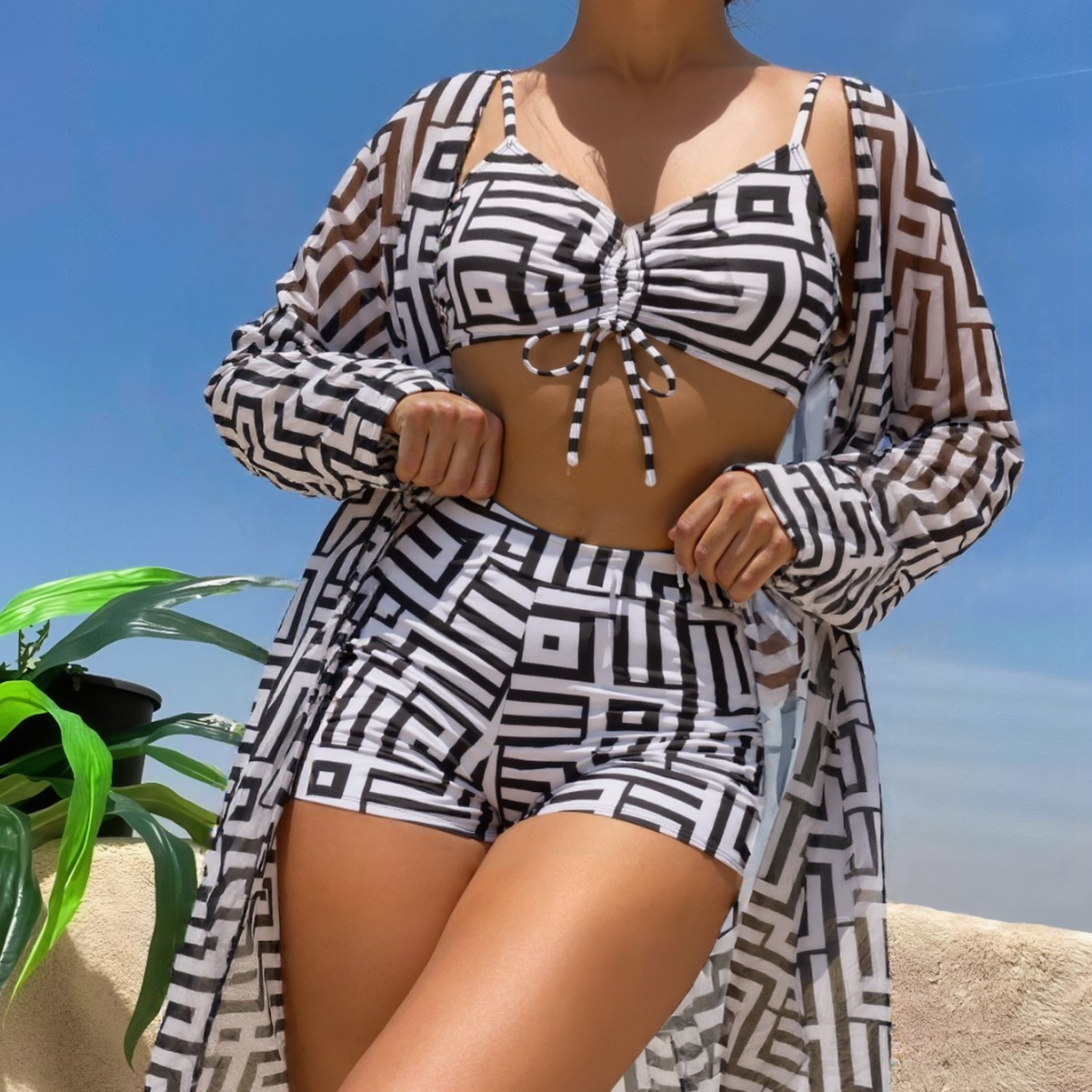 Traje de Baño de Tres Piezas para Mujer de Poliéster con Protección Solar para Playa
