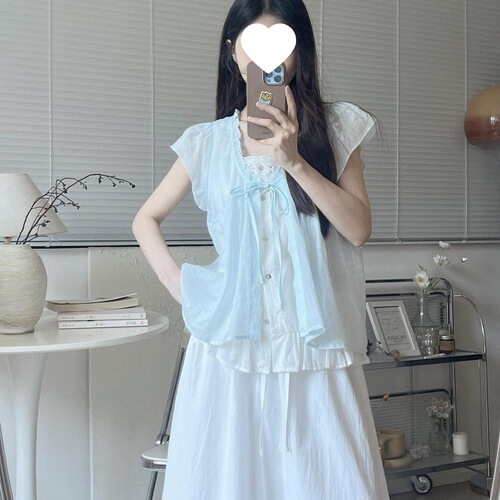French retro lace splicing fake two-piece top for women's summer new preppy style loose lazy all-match Western-style blouse