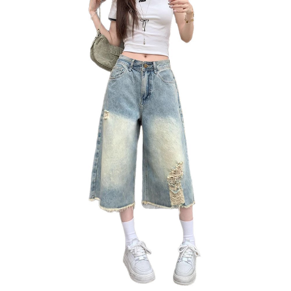 Vintage Design Sense Ripped Cropped Jeans 2025 Summer New High Waist Slimming All-match Loose Wide-leg Pants for Women