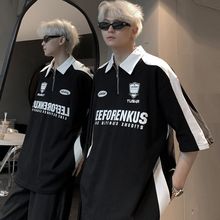 美式ins高街拉链polo衫短袖体恤男夏季港风宽松撞色情侣半袖上衣