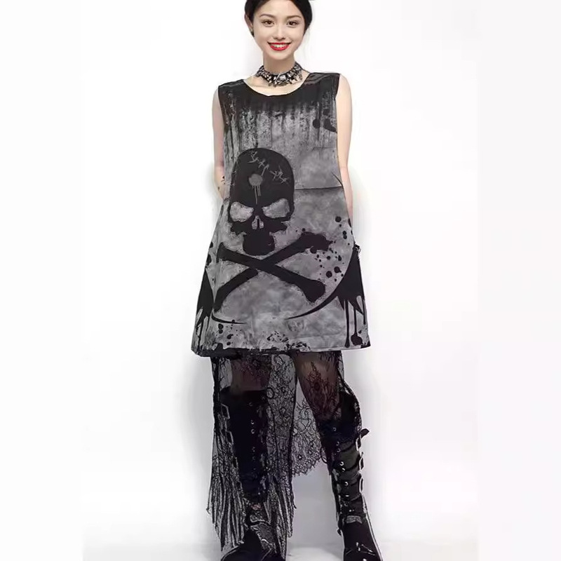 Subculture Y2K Gothic Dark Punk Niche Millennium Rock Skull Vest dress Sleeveless Long T-Shirt Trendy