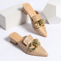 Fashion low-heeled Baotou slippers Women's summer new pointy metal chain wear temperament sandals