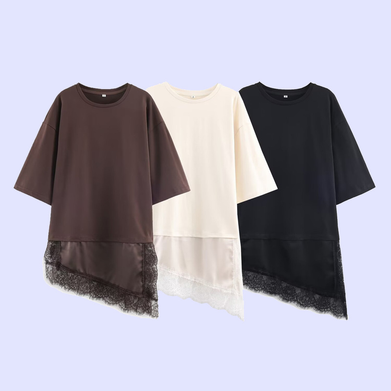 2026 European and American Hot-Selling Women's Clothing Wholesale Ins-Style Summer Fashion Elegant Hem Lace Patchwork T-Shirt Top