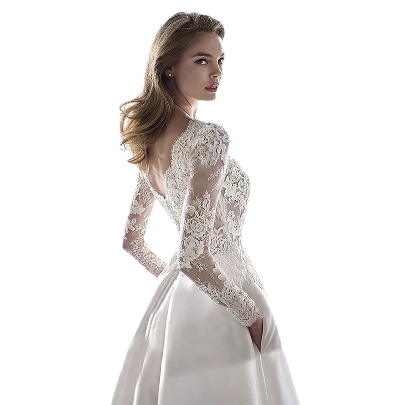 Vestido de boda de encaje nuevo satén de manga larga Europa y América comercio exterior Amazon AliExpress Wish velo ligero vestido de boda adelgazante