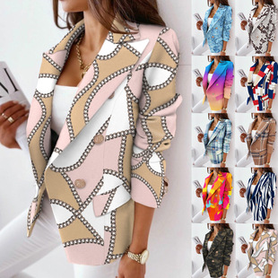 2021 AliExpress wish Amazon New Autumn and Winter Explosions Long Sleeve Double-breasted Printed Suit Jacket