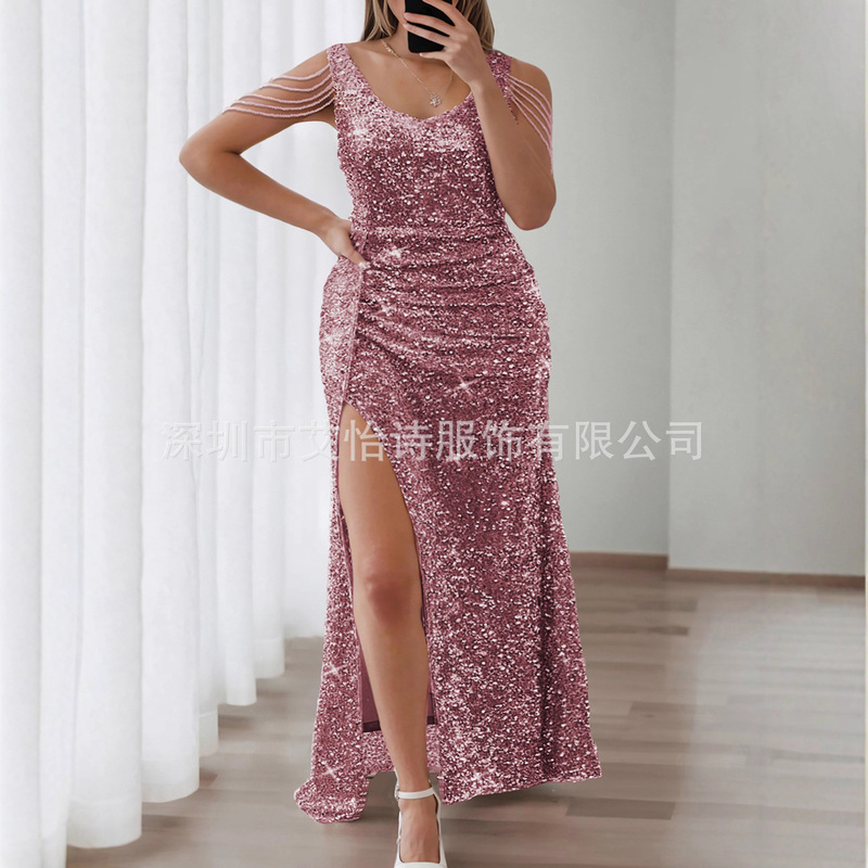Plus Size Women's Clothing Cross-Border European and American New Sequined Sleeveless Slit Party Dress Solid Color Elegant Long Evening Dress