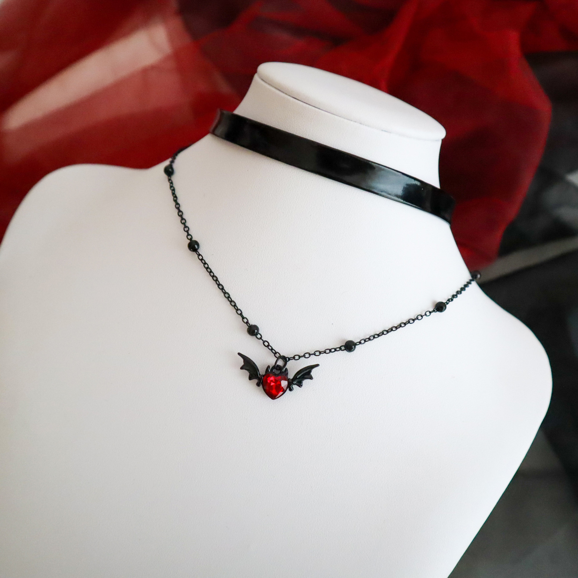 Black Bat Choker Necklace Halloween Double Layer Leather Chain_voghion.com