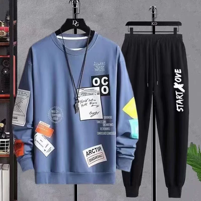 Свитер с круглым вырезом Мужской весна и осень 2023 Новая Мода Повседневная Спортивная одежда для подростков из двух частей Модный