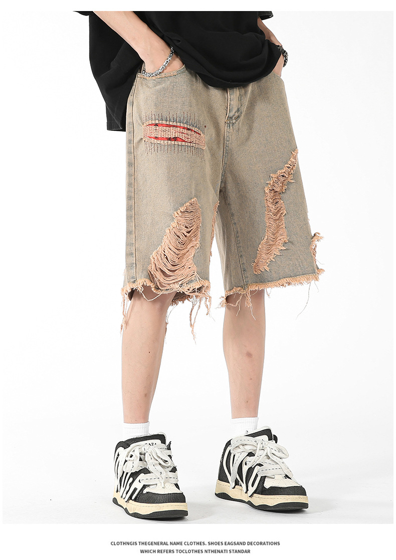 Jeans im amerikanischen Stil für Herren, 2024, Sommer, trendige Marke, Distressed-Denim-Shorts, Jugend, High Street, lockere, lässige Caprihosen_voghion.com