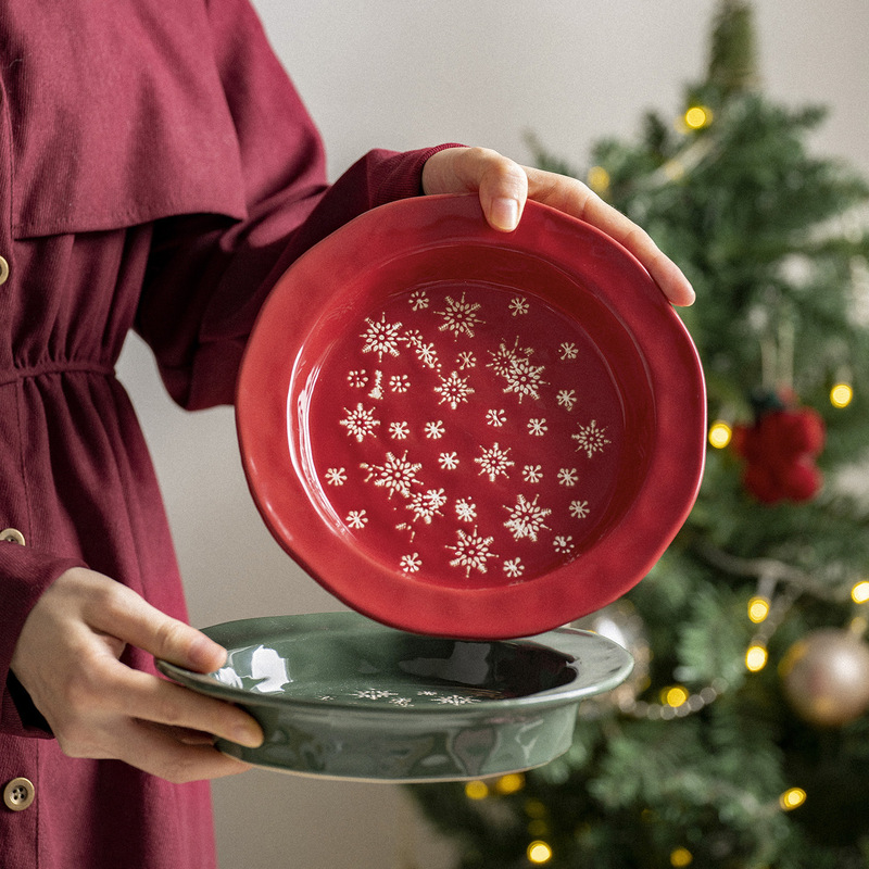 Snowflake Plate Christmas Tableware Breakfast Plate Dessert Plate Underglaze Color French Household Ceramic Beautiful Deep Round Plate