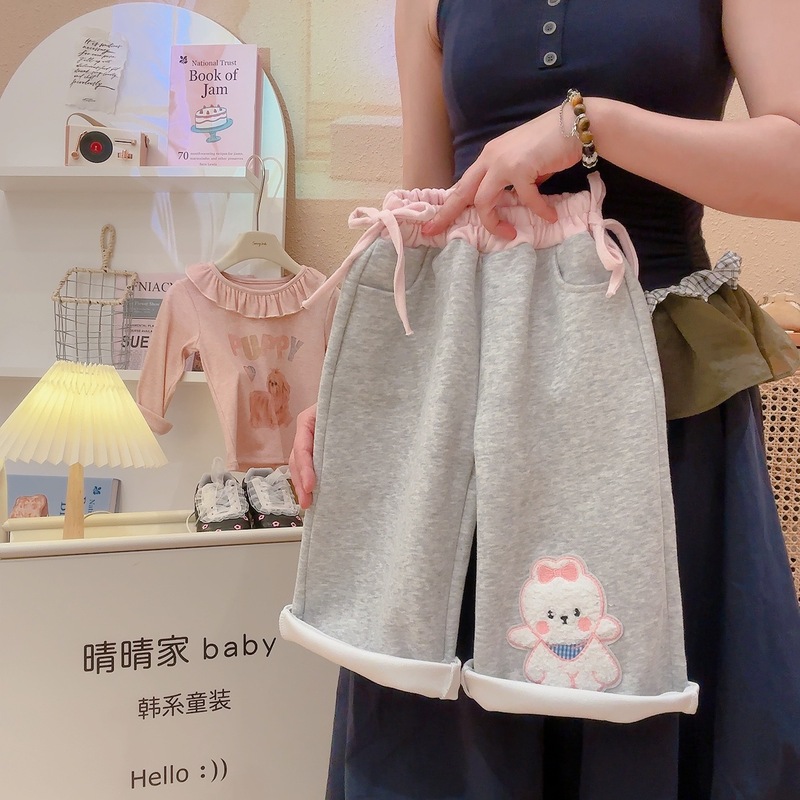 2025新款女童百搭甜美撞色腰蝴蝶结小狗贴布阔腿裤小童|undefined