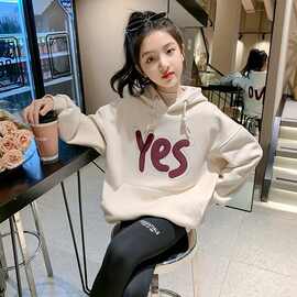 女童外套春秋装2025秋装新款洋气卫衣中大童女孩字母套头连帽上衣