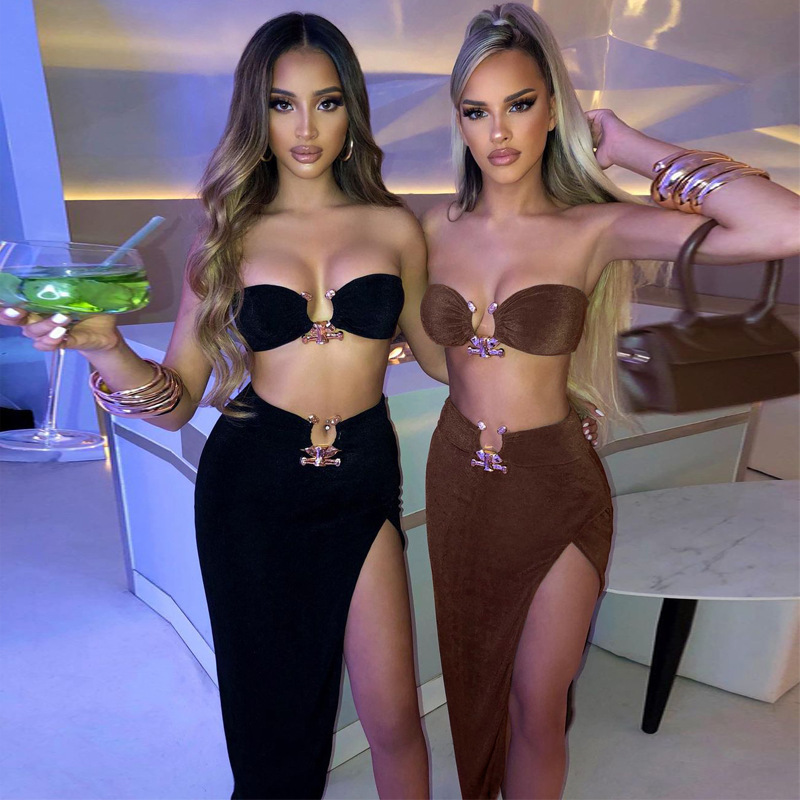 solid color stitching tube top slit sheath skirt two-piece set NSLKL122329