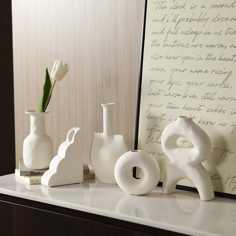 Vaso de cerámica blanca de viento silencioso ornamentos de sala de estar de arte abstracto geométrico flor seca botella de decoración floral