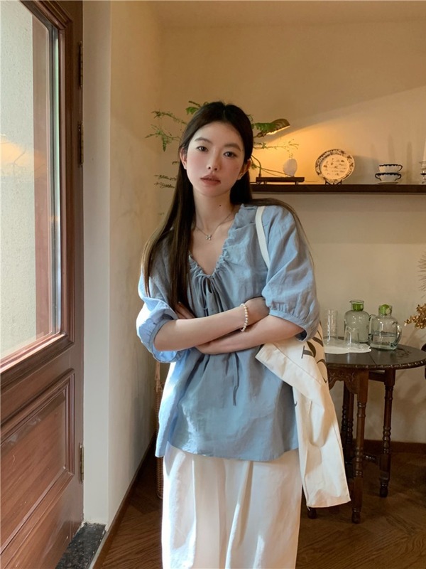 实拍实价 设计感抽绳V领蓝色衬衫女夏季法式褶皱宽松上衣|undefined
