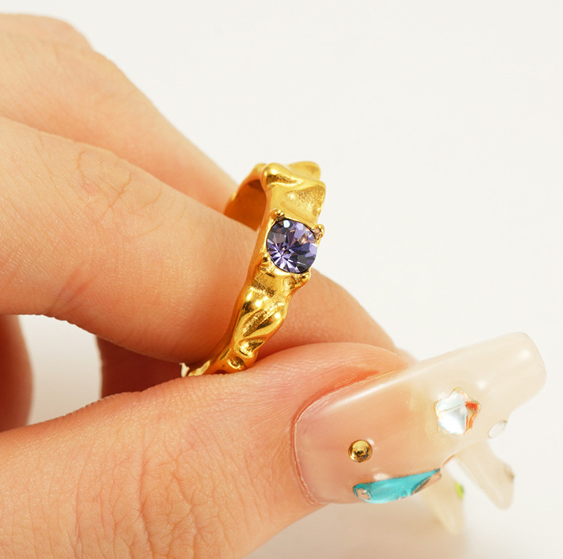 18K Gold Plated Plating Material Zircon Inlay Material PVD Coated 18K Gold Plated Geometric 304 Stainless Steel Retro Waterproof Non Tarnish Open Rings