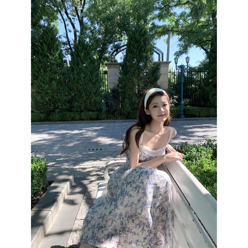Celadon and Summer Floral Lace-Trimmed French-Style Dress with Spaghetti Straps, Summer Floral Dress Celadon and Summer Floral Lace-Trimmed French-Style Dress with Spaghetti Straps, Summer Floral Dress