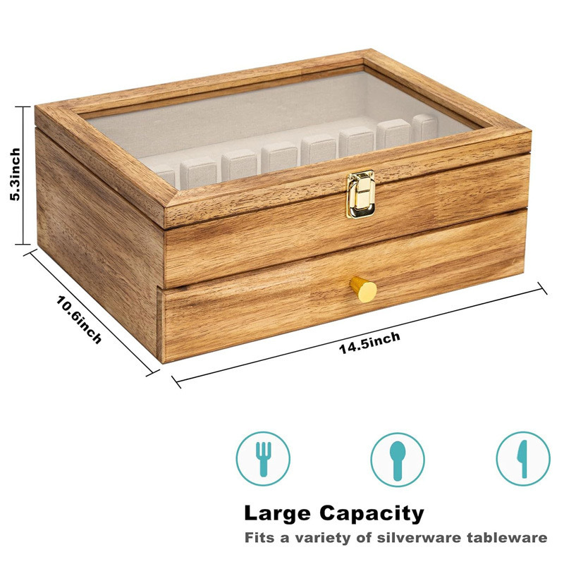 Platería de madera con cajón Embalaje Caja de madera Cocina Cuchillos, tenedores y cucharas de madera maciza de doble capa Caja de almacenamiento de vajilla Caja de joyería para el hogar