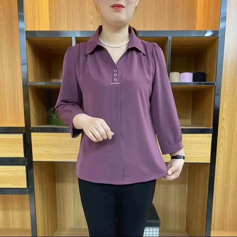 妈妈装春夏季新款po领小衫女T恤九分袖衬衫中老年显瘦纯色上衣