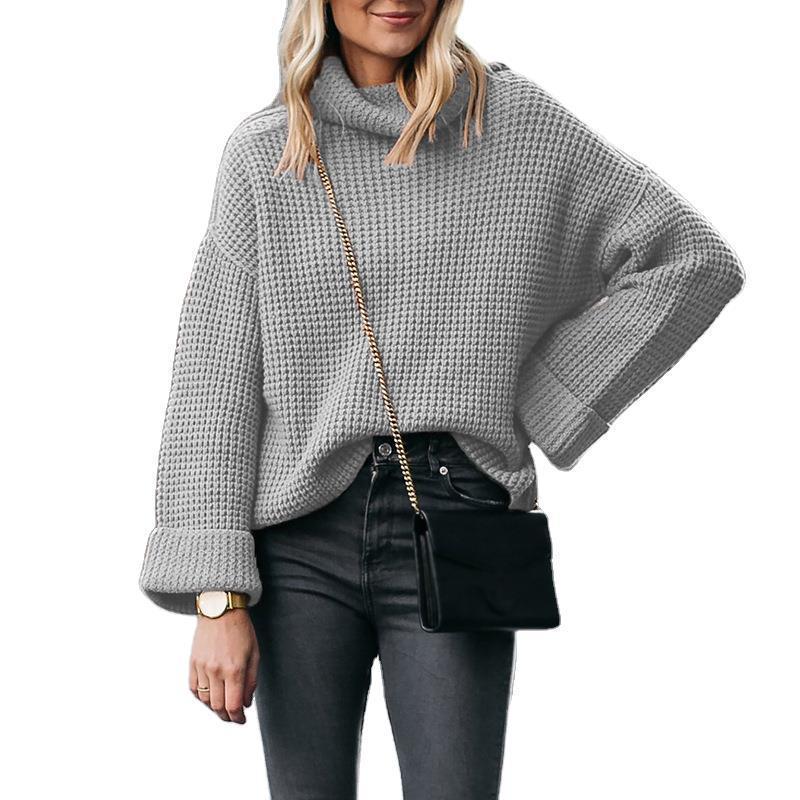 Damen Hochkragen Strickpullover Für Herbst Und Winter Einfarbig_voghion.com