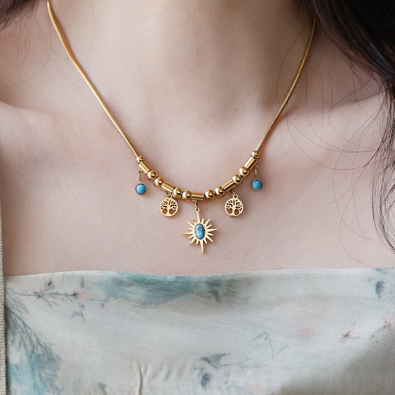 [Titanium Steel Style] Tree of Life Blue Turquoise Necklace Women's Personalized Retro Ethnic Style High-End Ethnic Style Suit