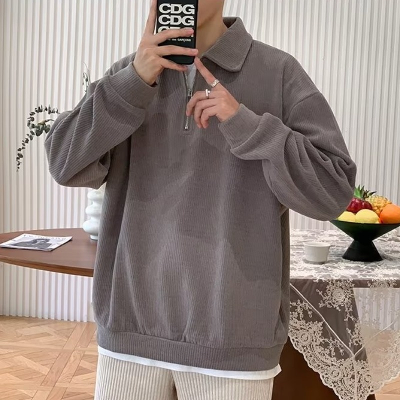 Half Zip Long Sleeve T-shirt Men Spring and Autumn New Loose Top for Men's Fashion Brand Casual Polo Neck Sweater_voghion.com